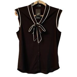 NWT Adrianna Papell Black Tipped With Ivory Tie Neck Button Up Blouse Size Small